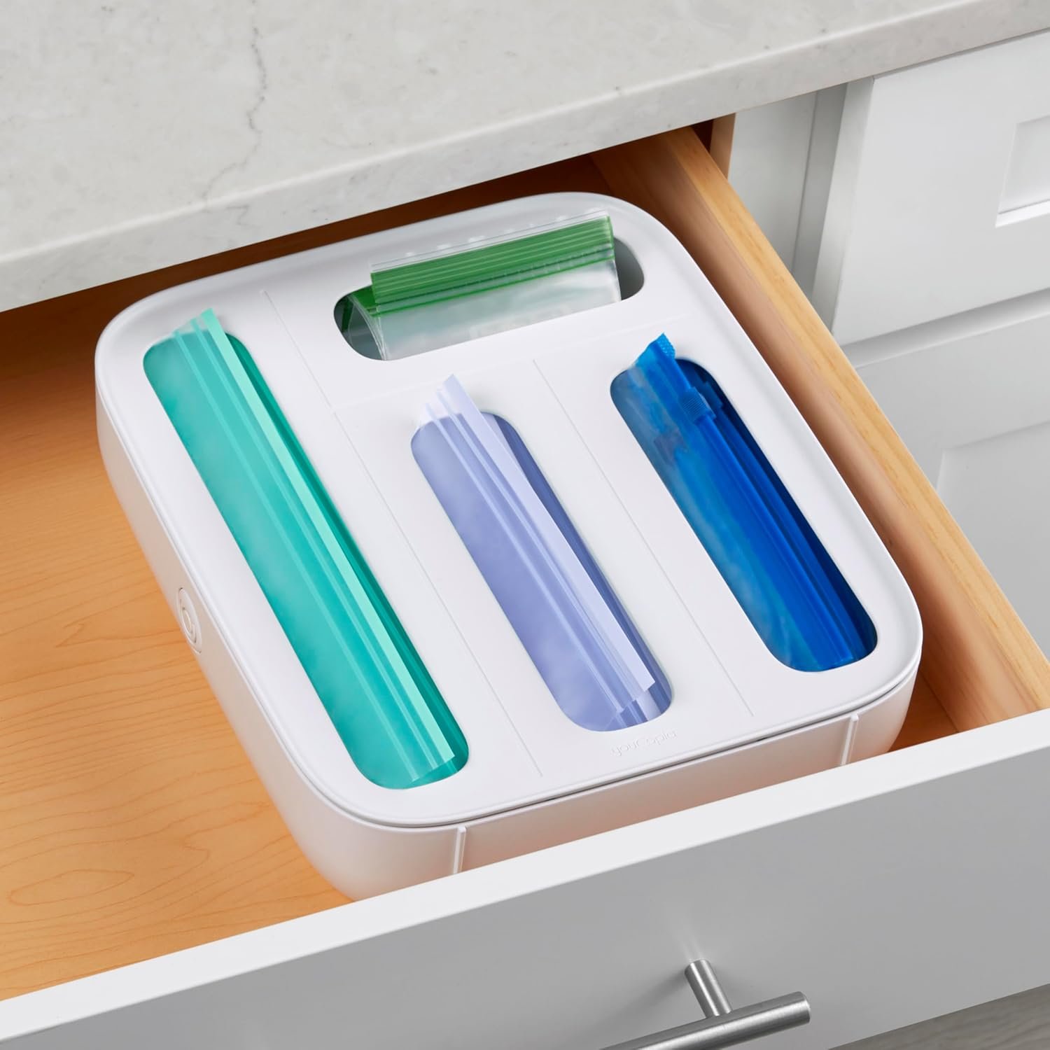 YouCopia StoraBag drawer bag organizer with 4 compartments for gallon quart sandwich and snack bags (BPA-free)