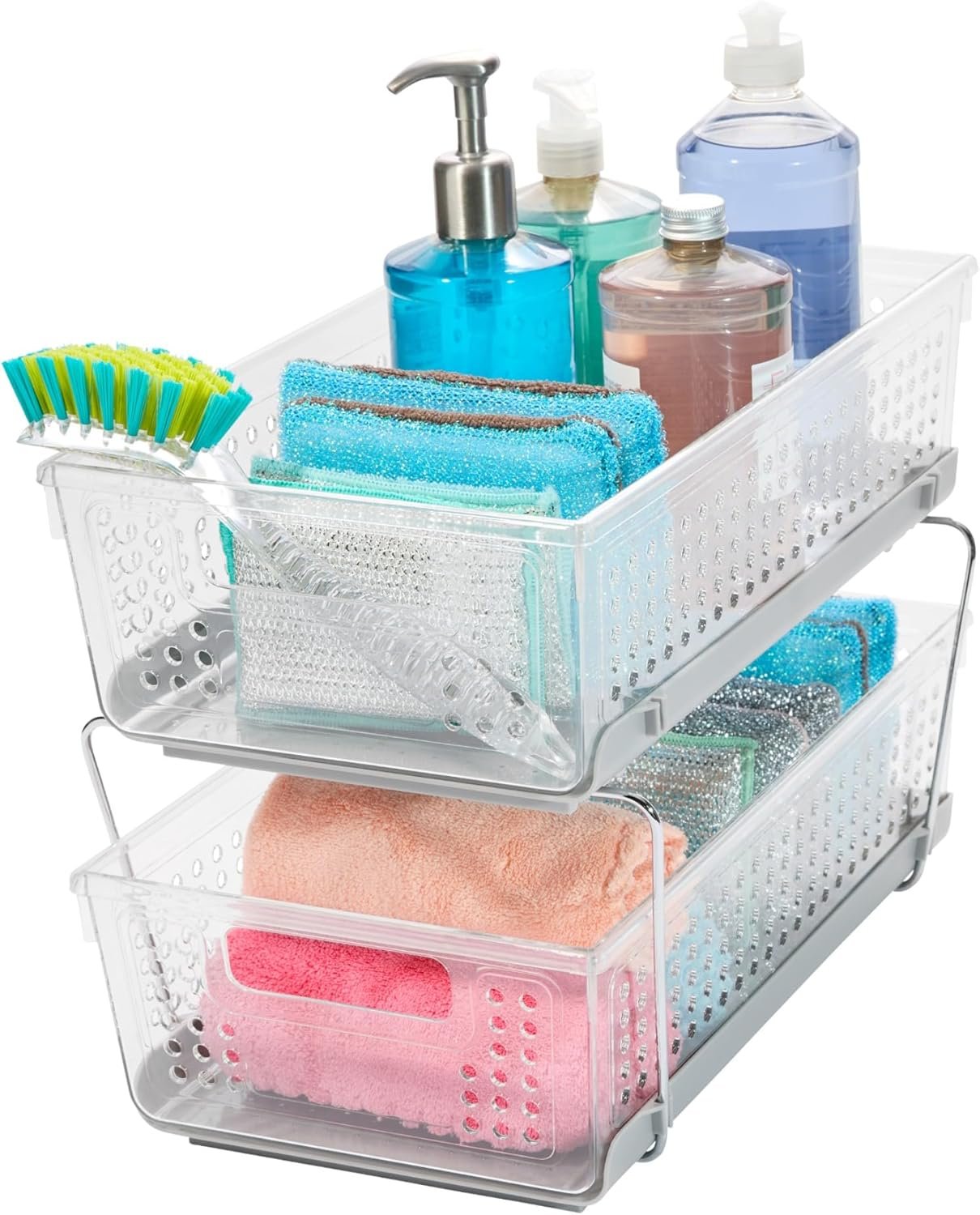 madesmart 2-tier under-sink organizer with sliding baskets and adjustable dividers (BPA-free plastic)
