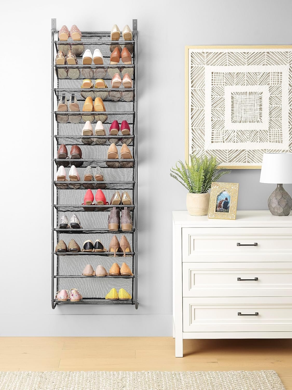 Whitmor 36-pair over-the-door shoe organizer with metal mesh tiers for vertical closet and entryway storage