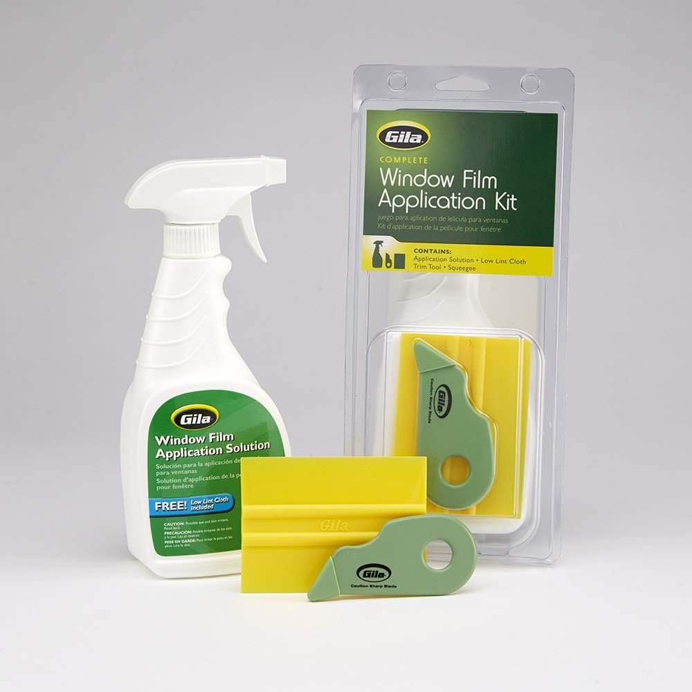 Gila RTK500 window film installation kit with spray solution, squeegee card, trimming tool, and cloth