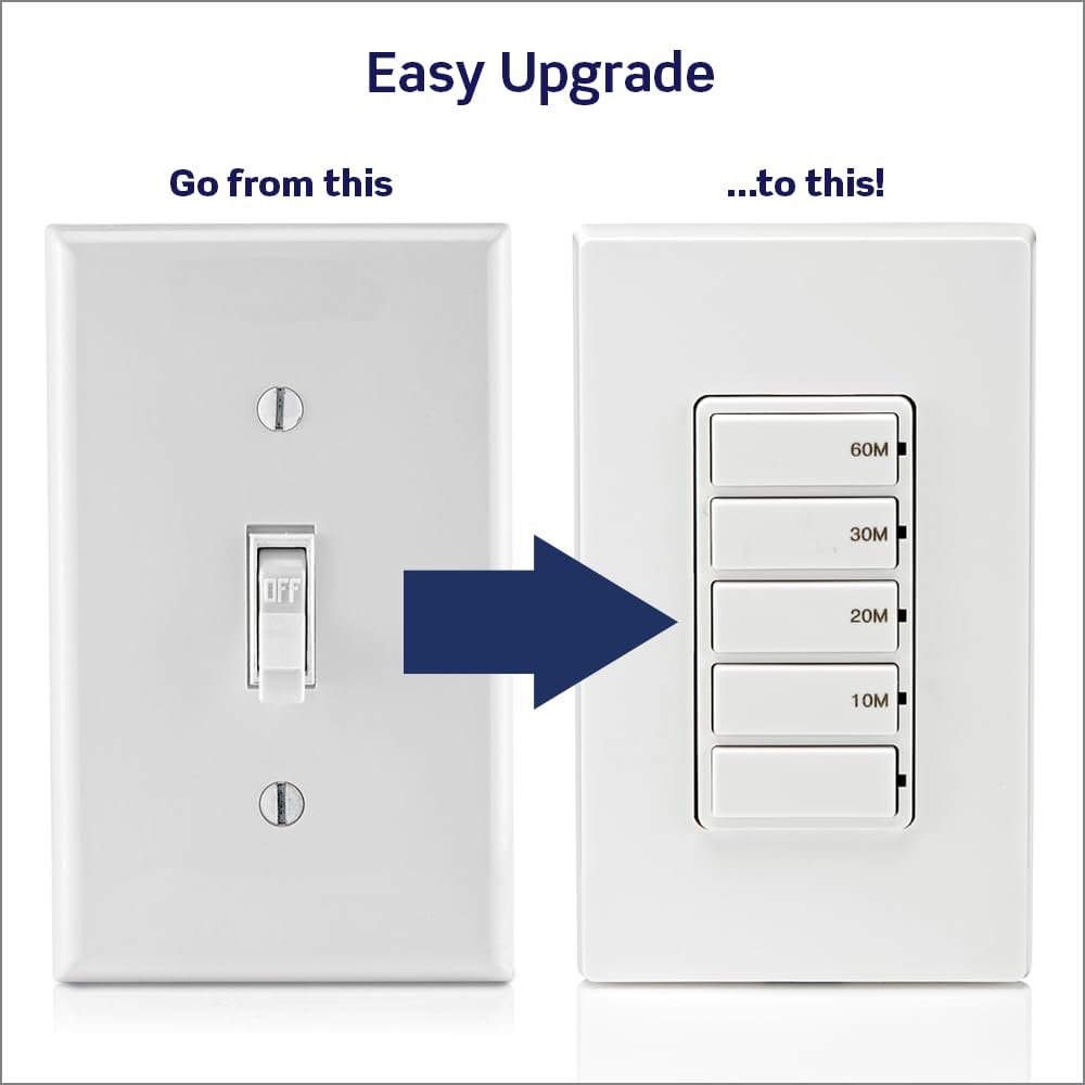 Leviton countdown timer switch for bathroom fan or lights no neutral required preset 10 20 30 60 minute settings single-pole