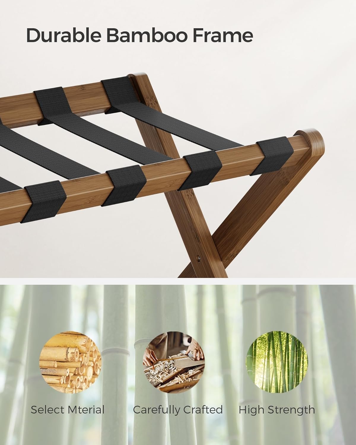 SONGMICS bamboo luggage rack folding suitcase stand with nylon straps and lower shelf supports up to 110 lb for guest room or bedroom