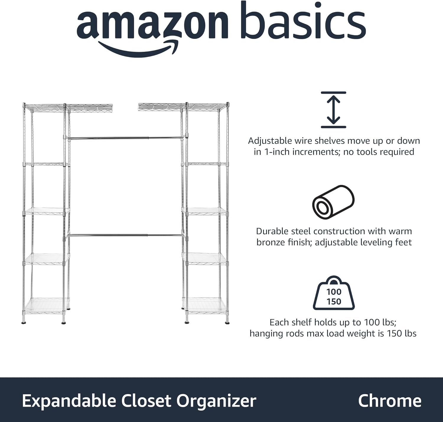 Amazon Basics closet organizer system with dual towers adjustable shelves and expandable hanging rods chrome finish 57 to 80 inches