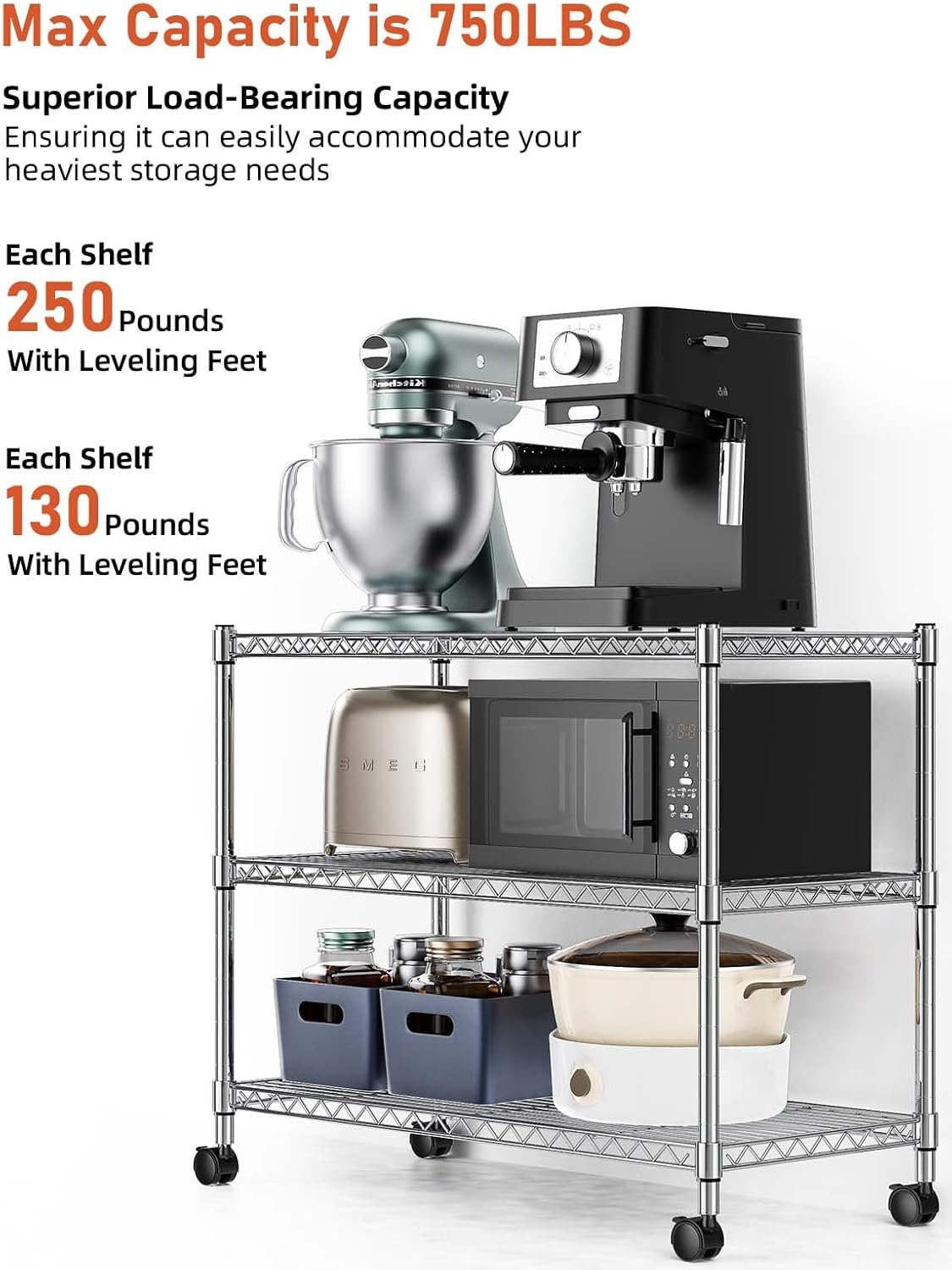 Simple Deluxe heavy duty 3-shelf shelving unit chrome alloy steel adjustable shelves with casters compact under-desk or countertop organizer