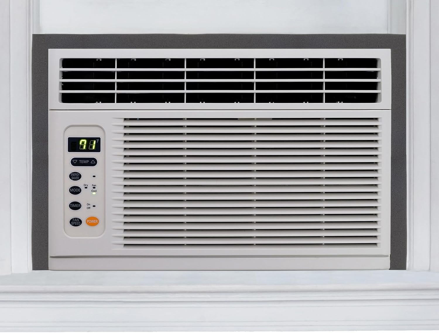 M-D Building Products 02006 gray foam seal strip installed around a window air conditioner to block drafts