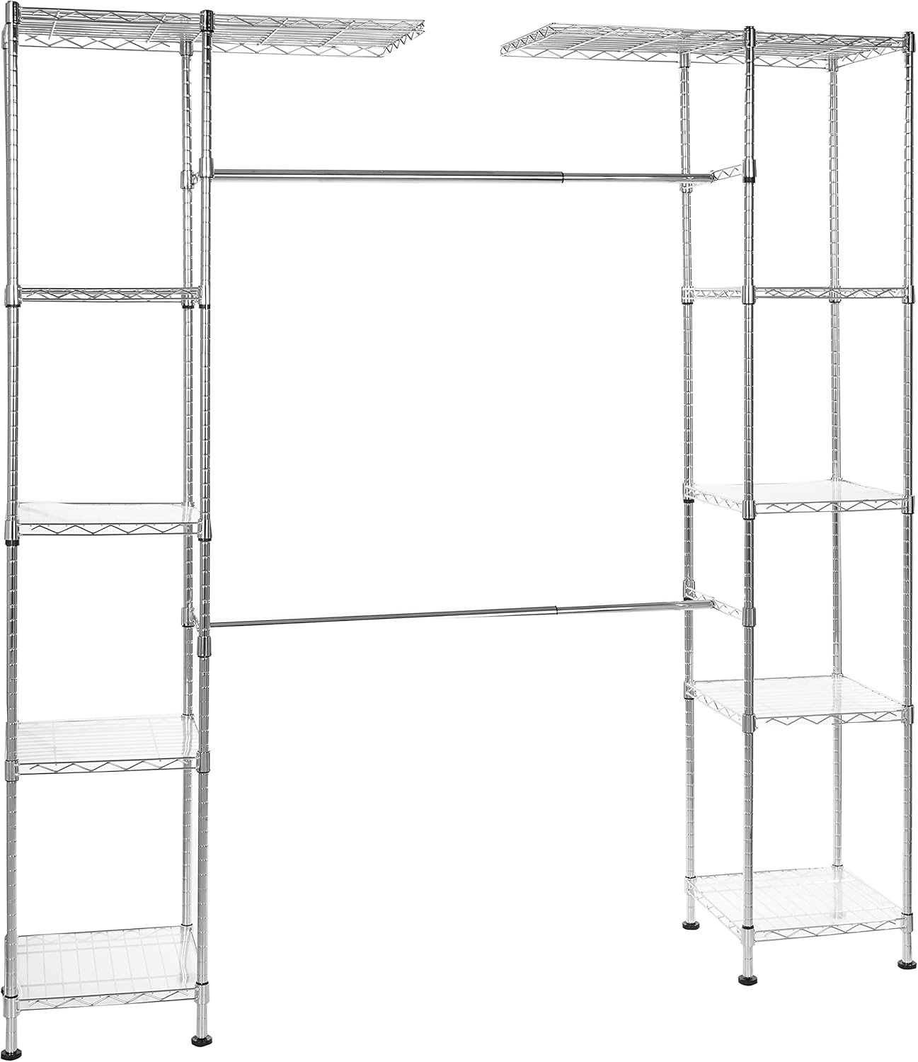 Amazon Basics closet organizer system with dual towers adjustable shelves and expandable hanging rods chrome finish 57 to 80 inches