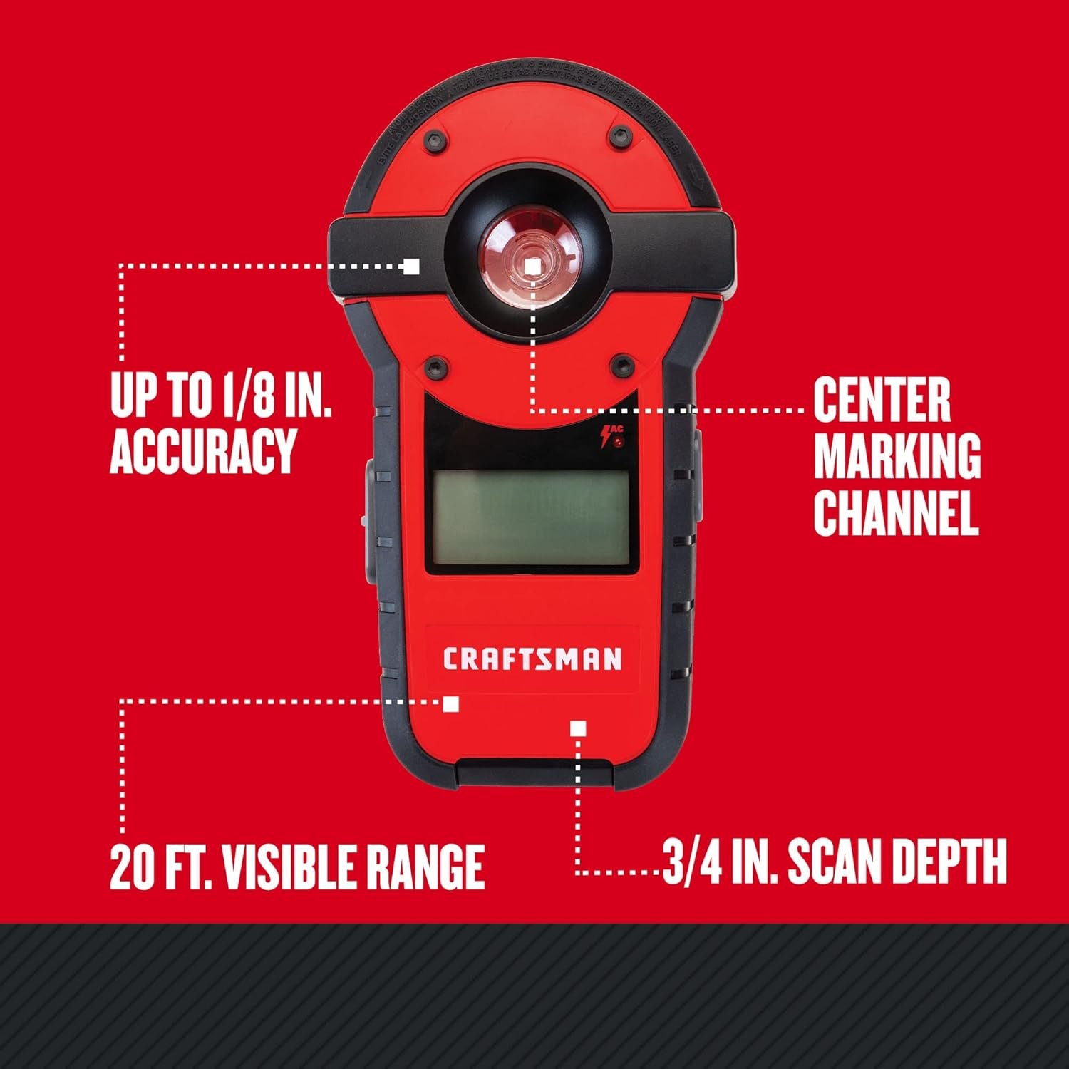 CRAFTSMAN CMHT77636 laser level and stud sensor 2-in-1 self-leveling line laser 20 ft range with center marking channel