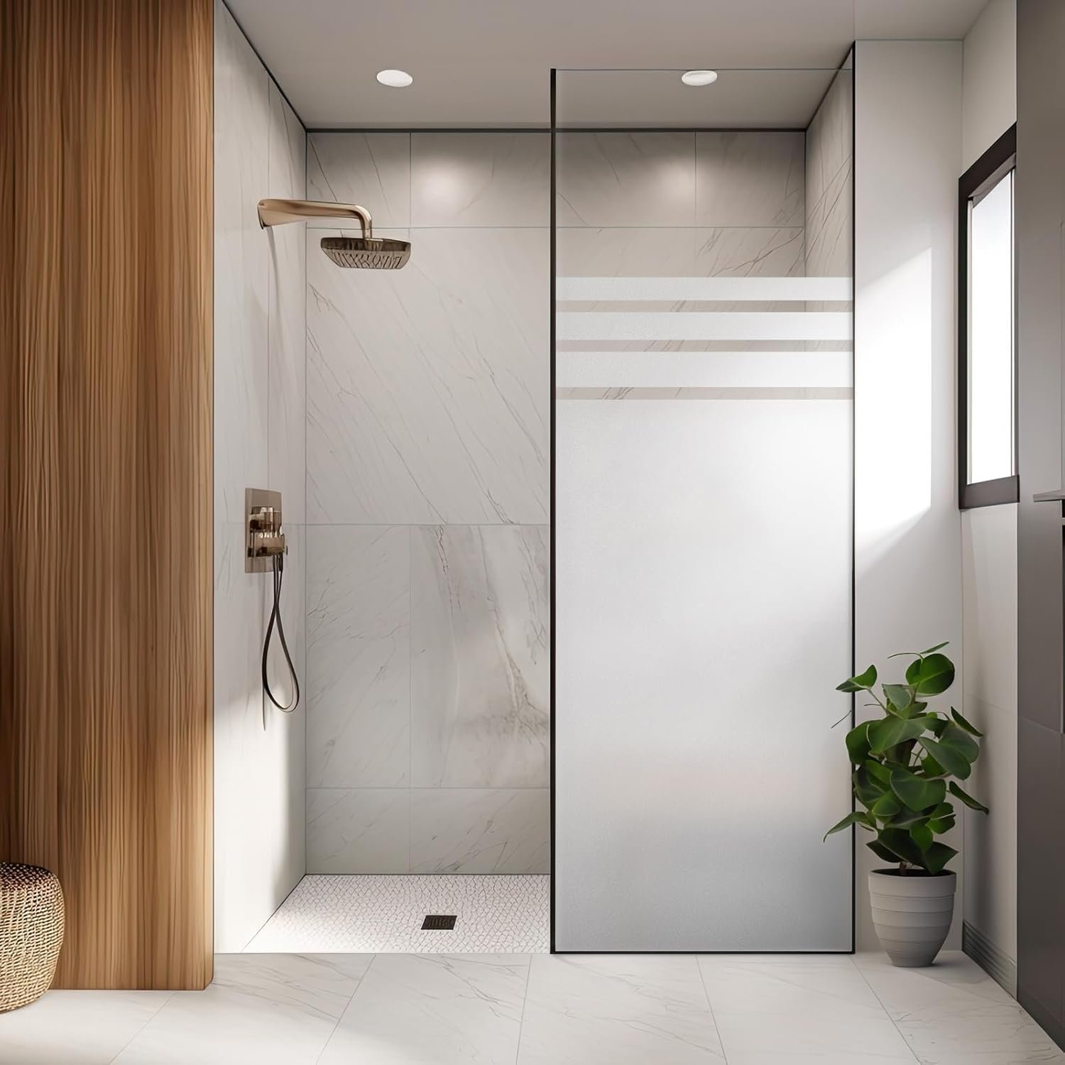 Frosted privacy window film applied to a glass window to add privacy while letting in light