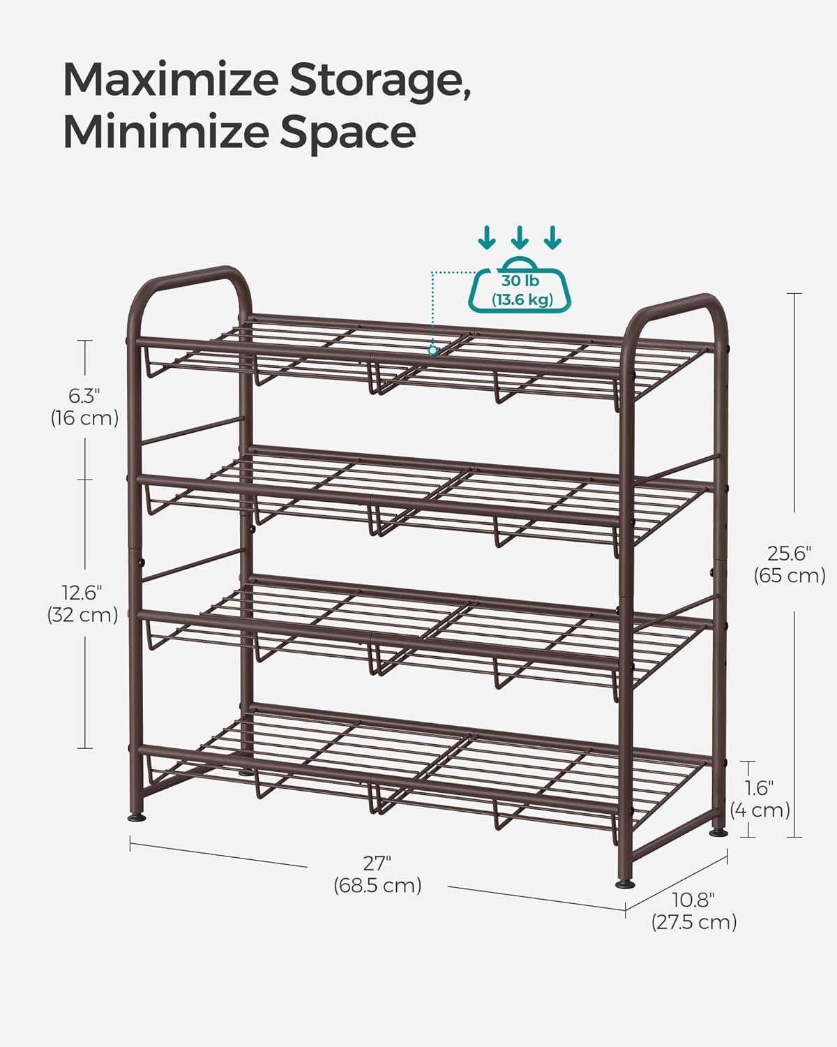 SONGMICS 4-tier stackable shoe rack with adjustable shelves metal frame holds up to 16 pairs for entryway or closet storage