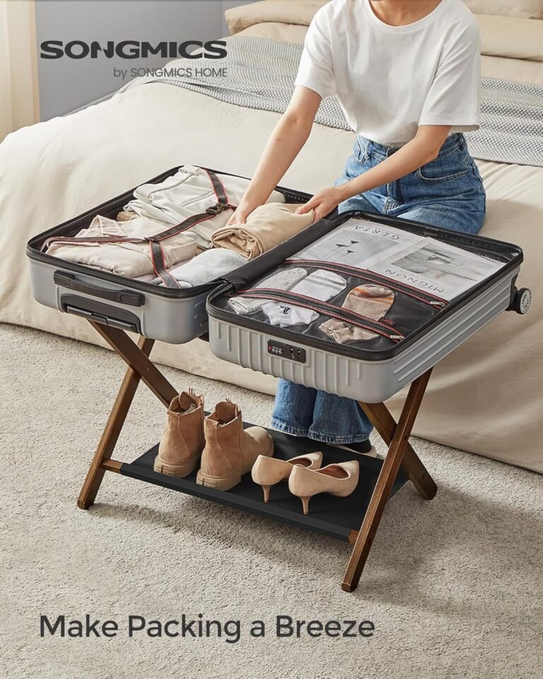 Product Reviews 13 SONGMICS bamboo luggage rack folding suitcase stand with nylon straps and lower shelf supports up to 110 lb for guest room or bedroom