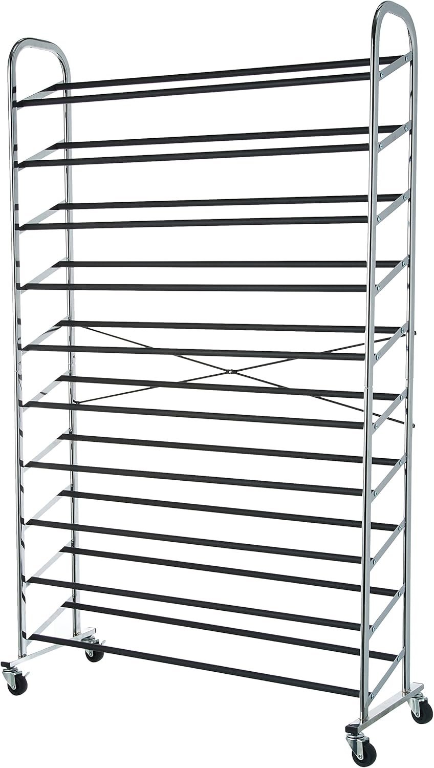 Amazon Basics 10-tier rolling shoe rack holds up to 50 pairs chrome metal shoe organizer with locking wheels