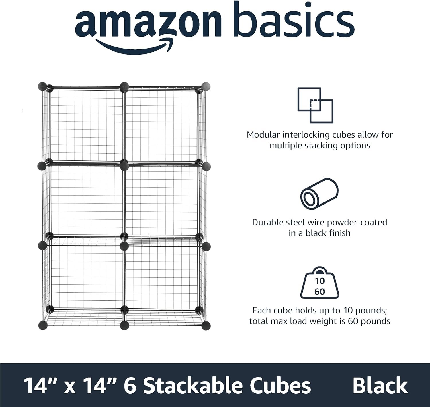 Amazon Basics 6-cube wire grid storage organizer black powder-coated steel modular cubes 14x14x14 tool-free assembly