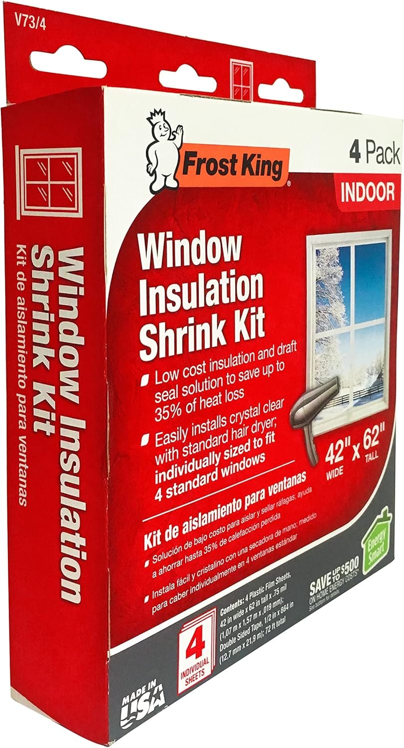 Frost King V73/4T shrink film window insulation kit clear interior window film with double-faced tape fits 4 windows 62x42 inches
