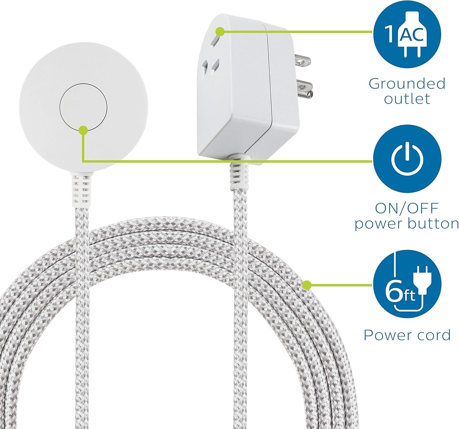 Philips 6ft braided extension cord with grounded plug on/off power switch slip-resistant base and wall-mount keyhole for indoor use