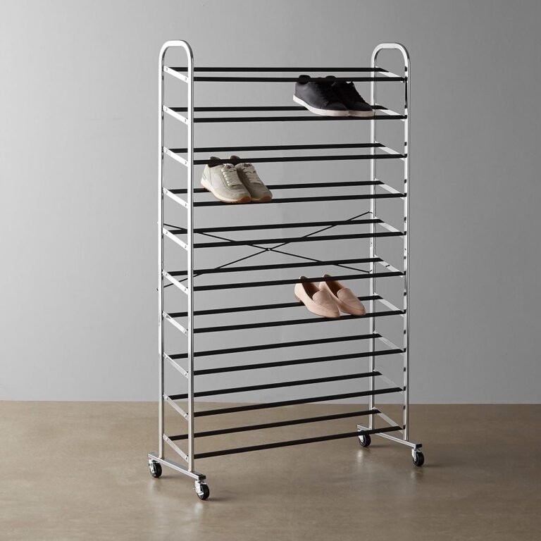 Amazon Basics 10-tier rolling shoe rack holds up to 50 pairs chrome metal shoe organizer with locking wheels