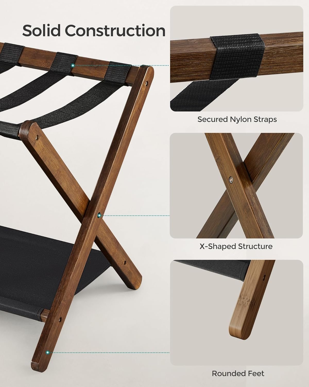 SONGMICS bamboo luggage rack folding suitcase stand with nylon straps and lower shelf supports up to 110 lb for guest room or bedroom