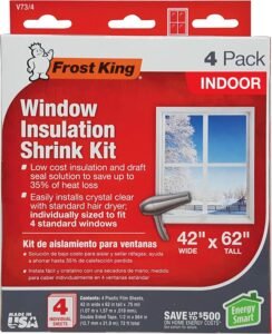 Frost King V73/4T shrink film window insulation kit clear interior window film with double-faced tape fits 4 windows 62x42 inches