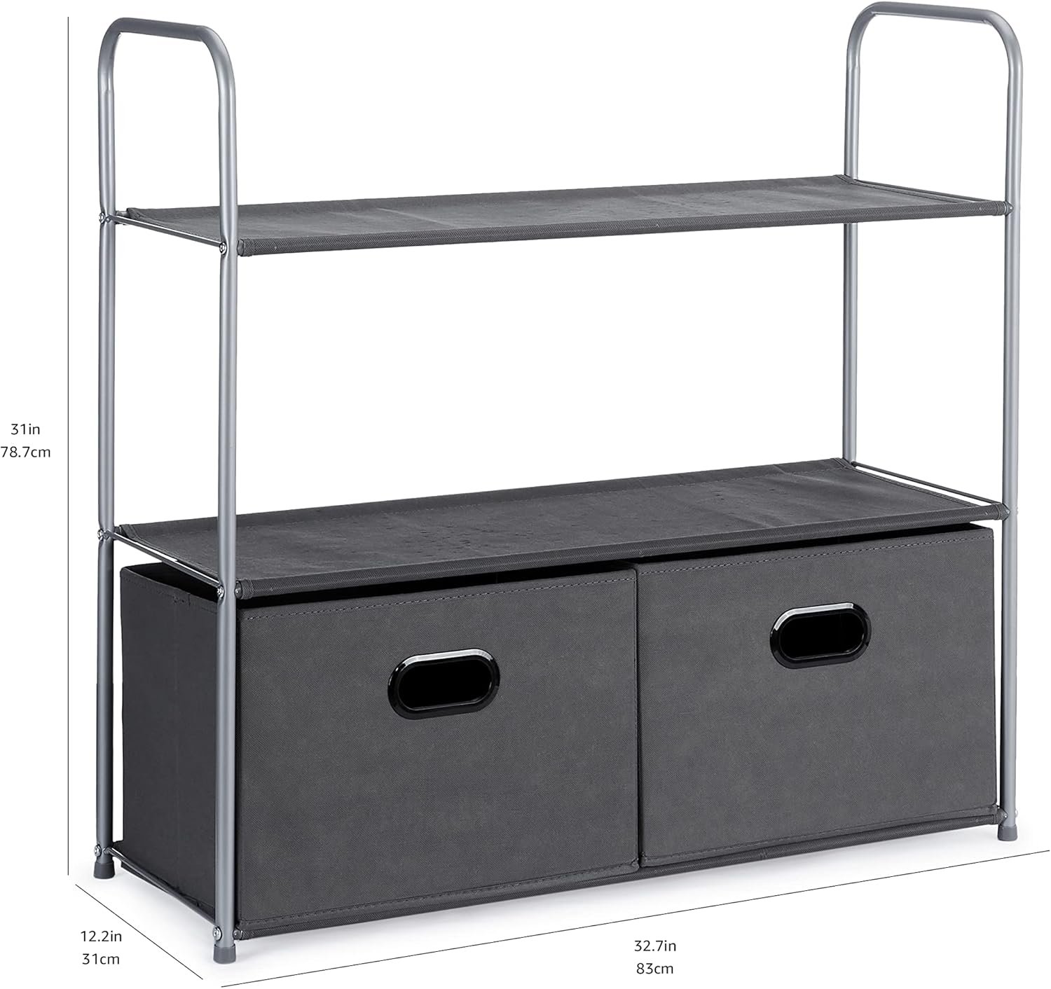 Amazon Basics freestanding closet organizer with 3 fabric shelves and 2 collapsible drawers lightweight tool-free assembly grey