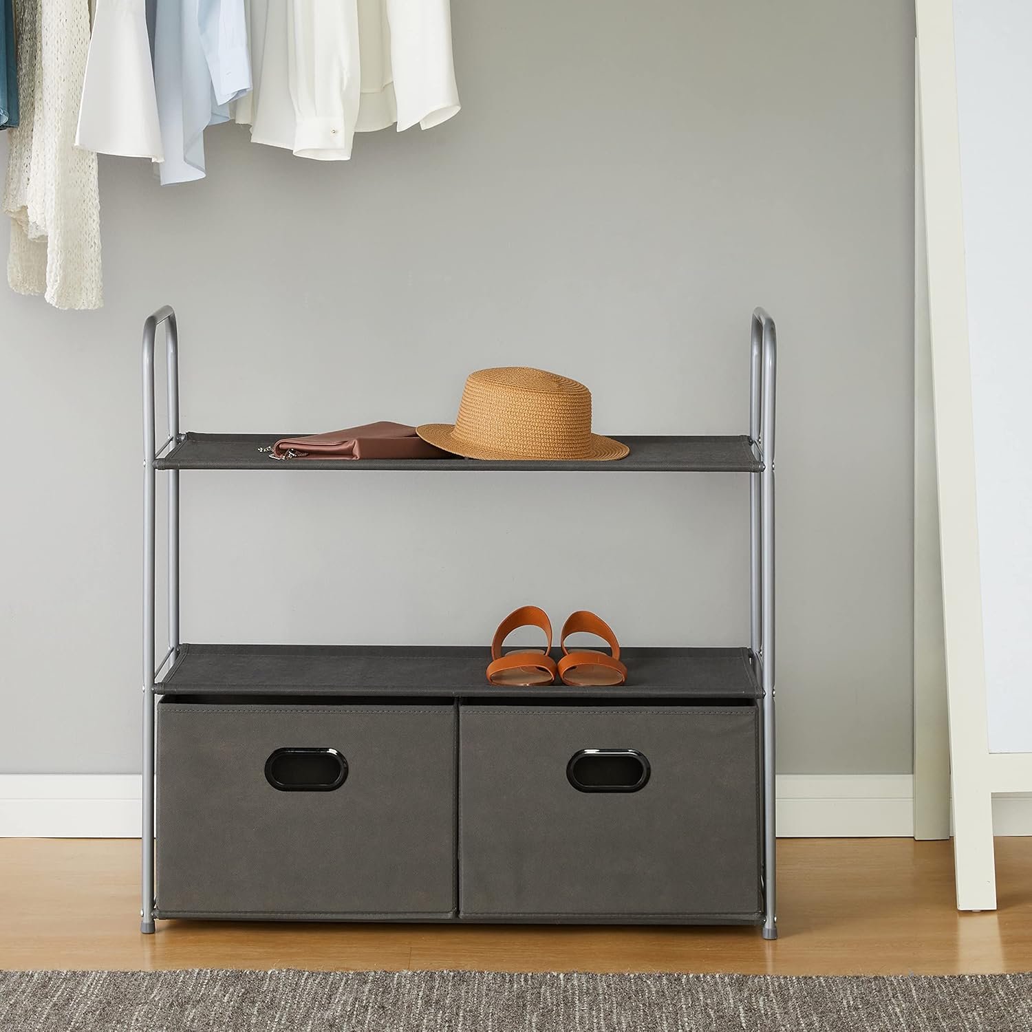 Amazon Basics freestanding closet organizer with 3 fabric shelves and 2 collapsible drawers lightweight tool-free assembly grey