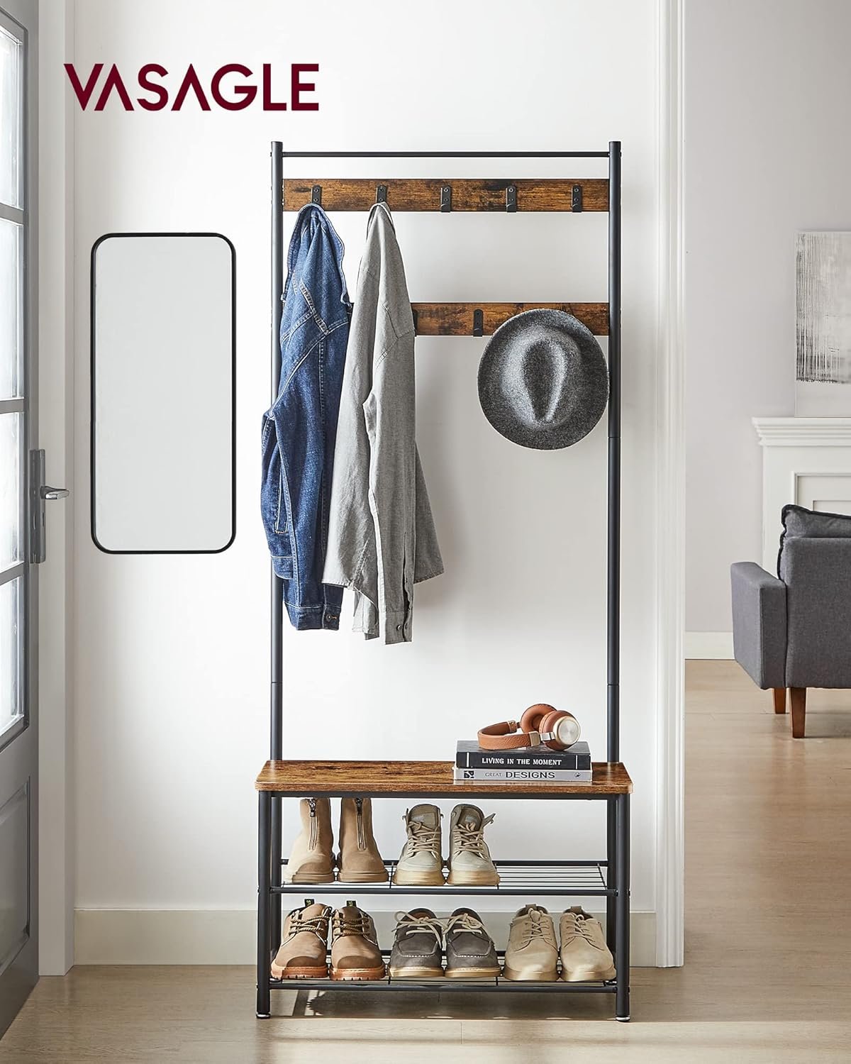 VASAGLE hall tree coat rack with shoe bench 9 hooks steel frame rustic brown entryway organizer with anti-tip kit