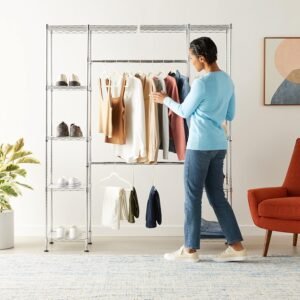 Amazon Basics closet organizer system with dual towers adjustable shelves and expandable hanging rods chrome finish 57 to 80 inches