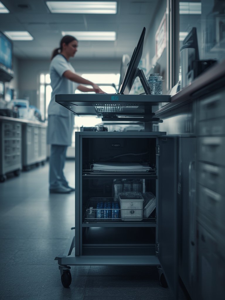 Techni Mobili Sit-to-Stand Laptop Cart Review: Worth It? 2 medical cart in action