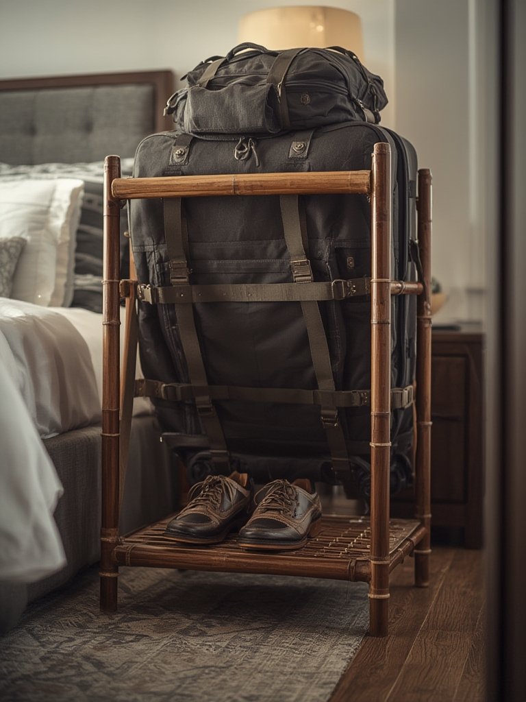 SONGMICS Bamboo Luggage Rack with Shelf Review: Foldable Guest Room Suitcase Stand 2 luggage rack in action