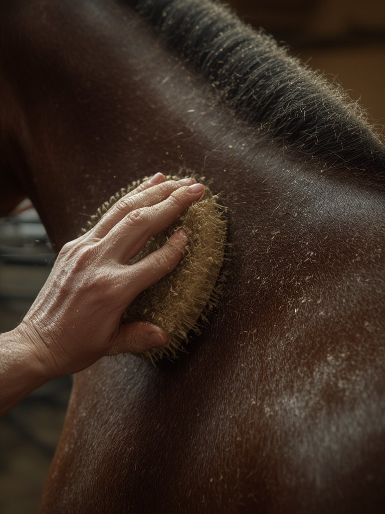 horse grooming in action