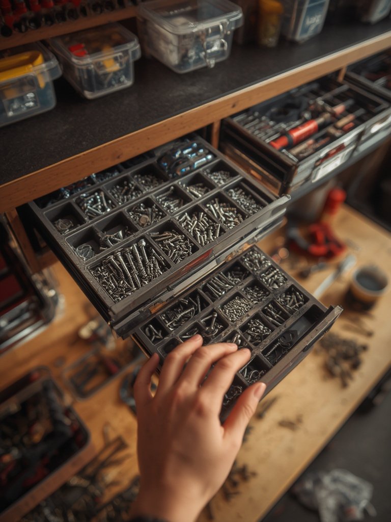 IRIS USA 44-Drawer Cabinet for Garage Hardware and Small Parts Storage 2 screw organizer in action