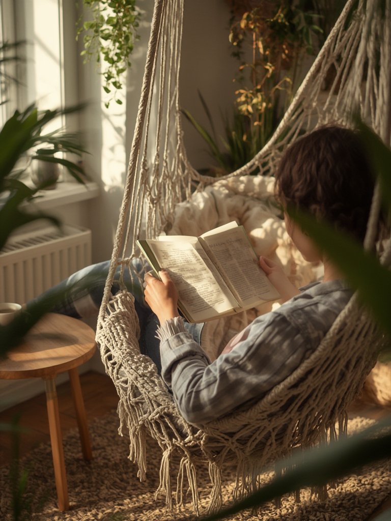Is the GREENSTELL Hammock Chair Comfortable Enough for a Small Balcony or Reading Nook? 2 hammock chair in action