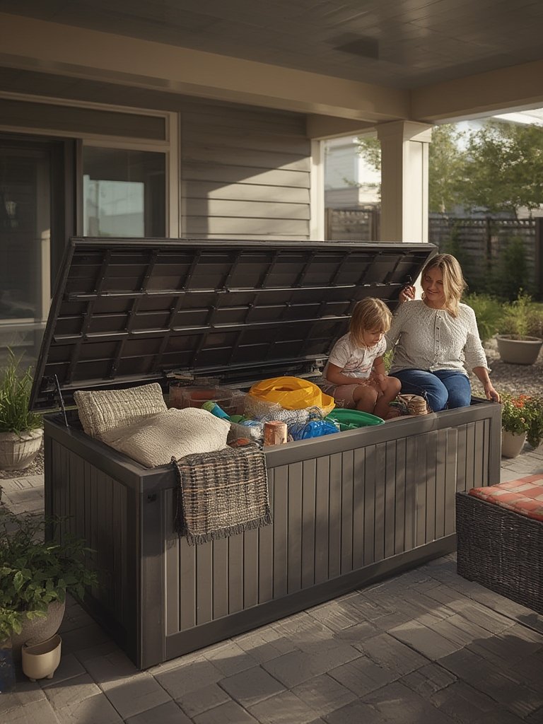 Keter Kentwood 92 Gallon Deck Box Worth It for Cushion Storage and Extra Seating? 2 deck box in action